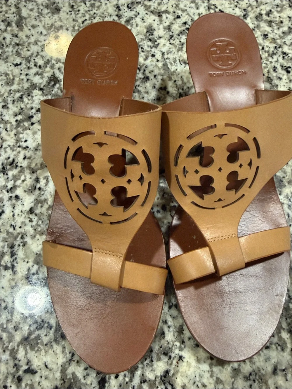 Tory Burch Cognac Tan Leather Cutout Logo Slide Sandals